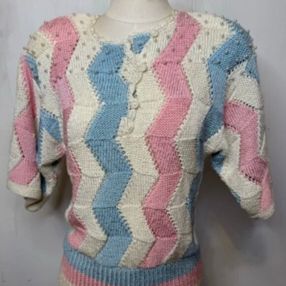 Vintage NANNELL Pink & Light Blue Knit Pullover Sweater Top with Pearls SM - Picture 1 of 5